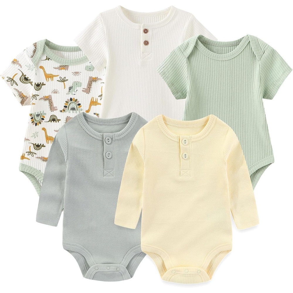 image:imageRuliby Newborn Baby Bodysuit 5 Pack Soft Ribbed OnePiece Outfit Clothes Sets 012 MonthGreen Bodysut 5piece BeigeGreenWhite