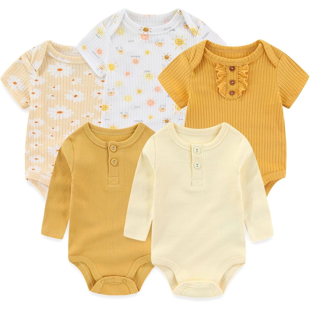image:imageRuliby Newborn Baby Bodysuit 5 Pack Soft Ribbed OnePiece Outfit Clothes Sets 012 MonthYellow Bodysut 5piece BeigeYellowWhite