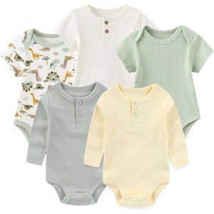 Ruliby Newborn Baby Bodysuit 5 Pack Soft Ribbed One-Piece Outfit Clothes Sets 0-12 Month(Green Bodysut 5-piece Beige/Green/White)