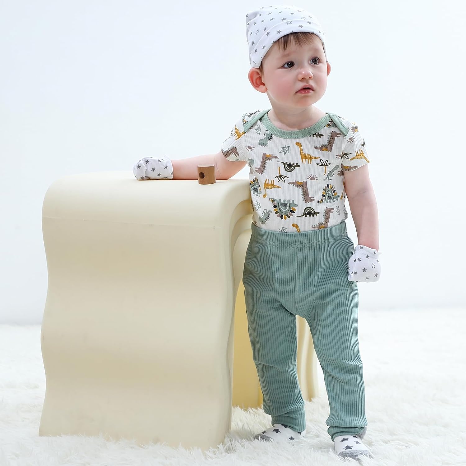 image:imageRuliby Baby Bodysuit and Pant Set 6pcs Ribbed Soft Infant Boy Girl ClothesBeige Blue Green Set 6 Pieces