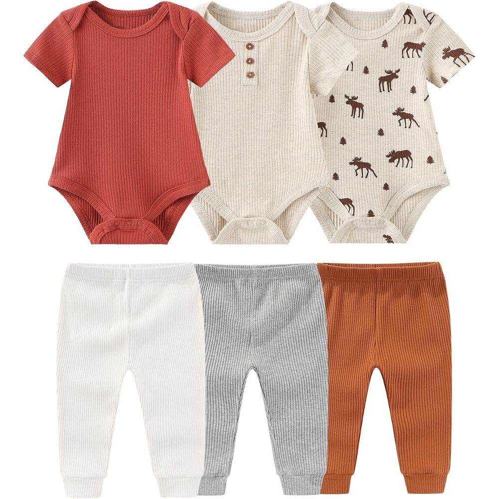 image:imageRuliby Baby Bodysuit and Pant Set 6pcs Ribbed Soft Infant Boy Girl ClothesElk Light Khaki Set 6 Pieces