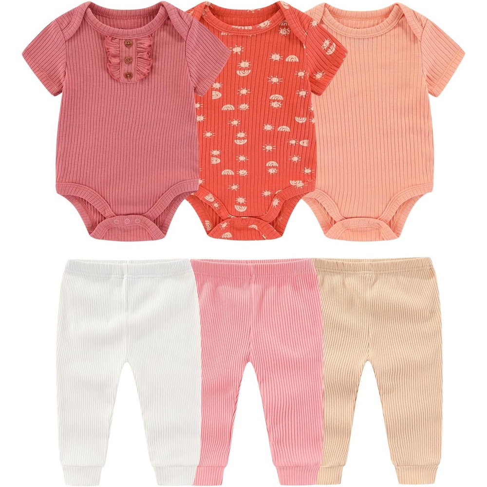 image:imageRuliby Baby Bodysuit and Pant Set 6pcs Ribbed Soft Infant Boy Girl ClothesLight Red Set 6 Pieces