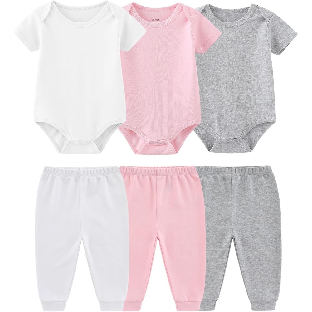 image:imageRuliby Baby Bodysuit and Pant Set 6pcs Ribbed Soft Infant Boy Girl ClothesPink White Gray Set 6 Pieces
