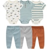Ruliby Baby Bodysuit and Pant Set 6-pcs Ribbed Soft Infant Boy Girl Clothes(Dinosaur Grey Blue Set 6 Pieces)