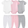 Ruliby Baby Bodysuit and Pant Set 6-pcs Ribbed Soft Infant Boy Girl Clothes(Pink White Gray Set 6 Pieces)