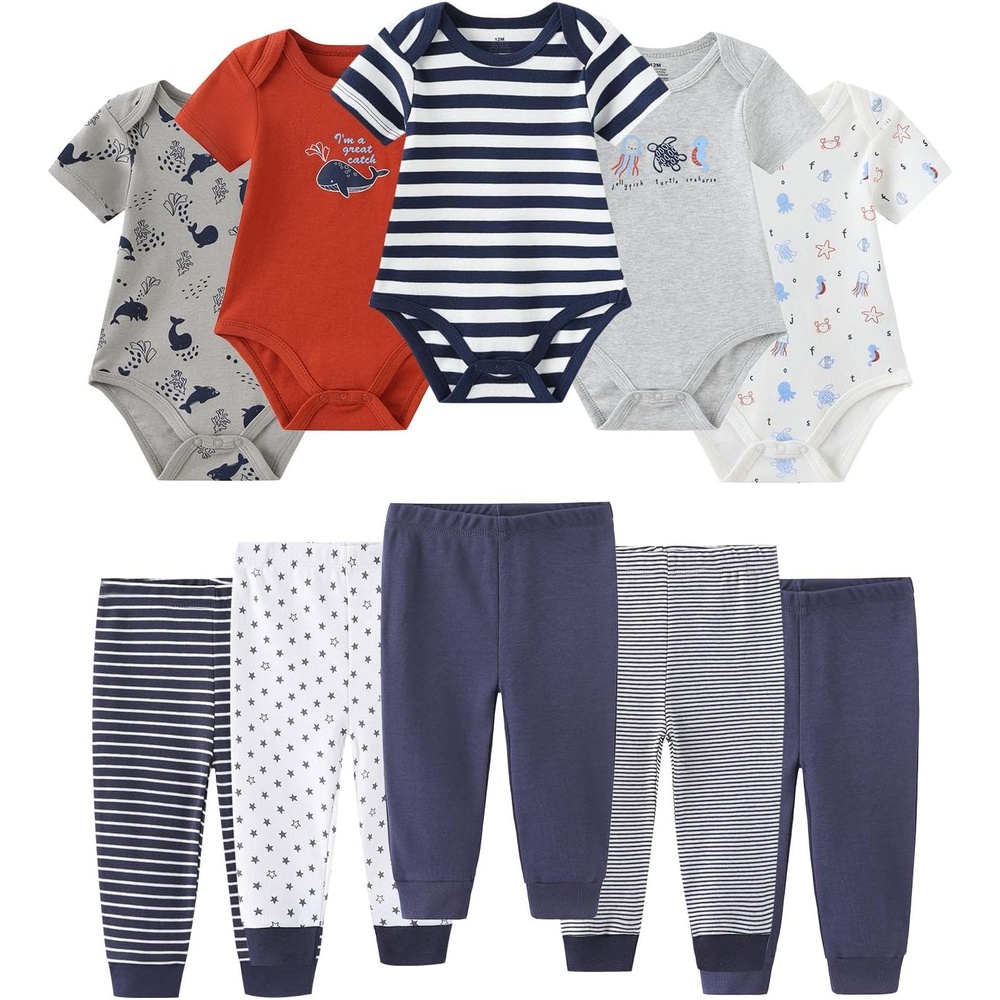 image:imageRuliby Baby Bodysuit and Pant Set 10pcs Cotton Soft Newborn Clothes OutfitAnimal Navy Blue Set 10 Pieces
