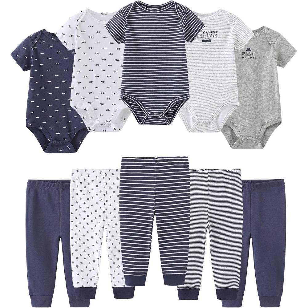 image:imageRuliby Baby Bodysuit and Pant Set 10pcs Cotton Soft Newborn Clothes OutfitBowtie Navy Blue Set 10 Pieces