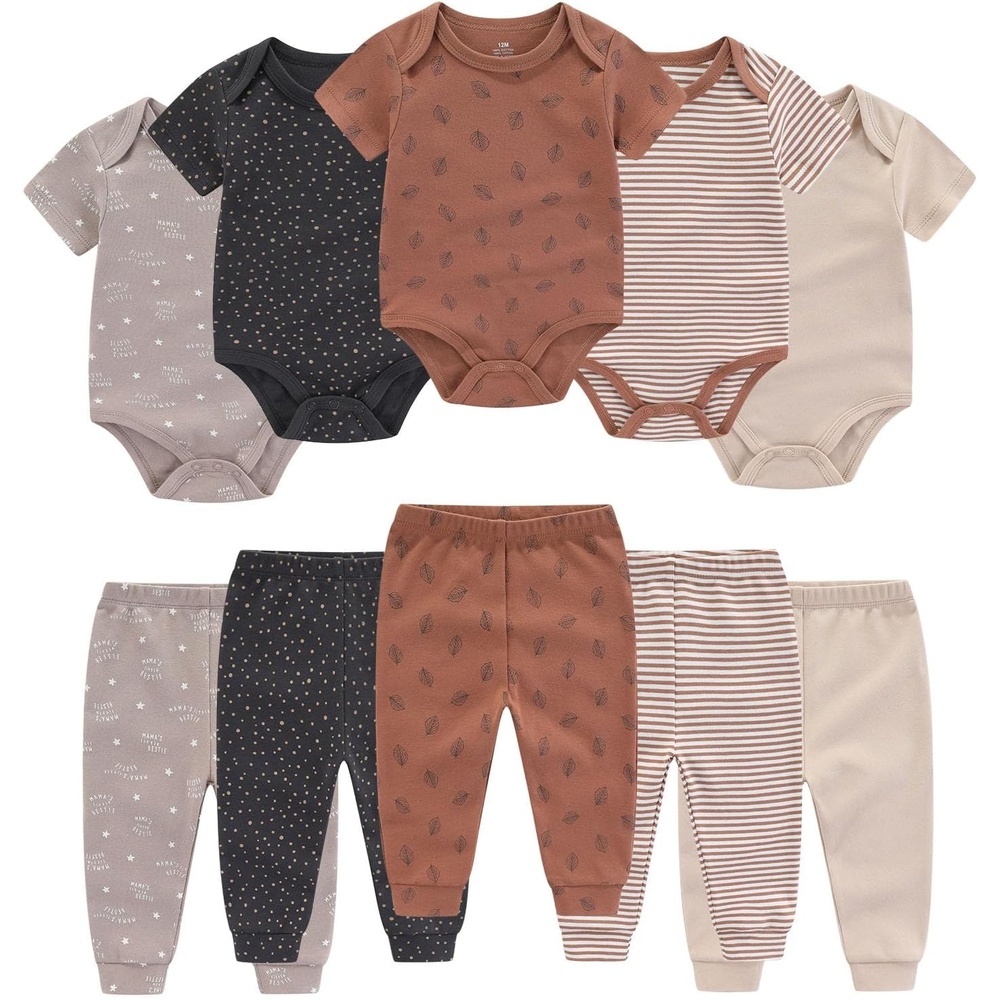 image:imageRuliby Baby Bodysuit and Pant Set 10pcs Cotton Soft Newborn Clothes OutfitCoffee Stripe Set 10 Pieces