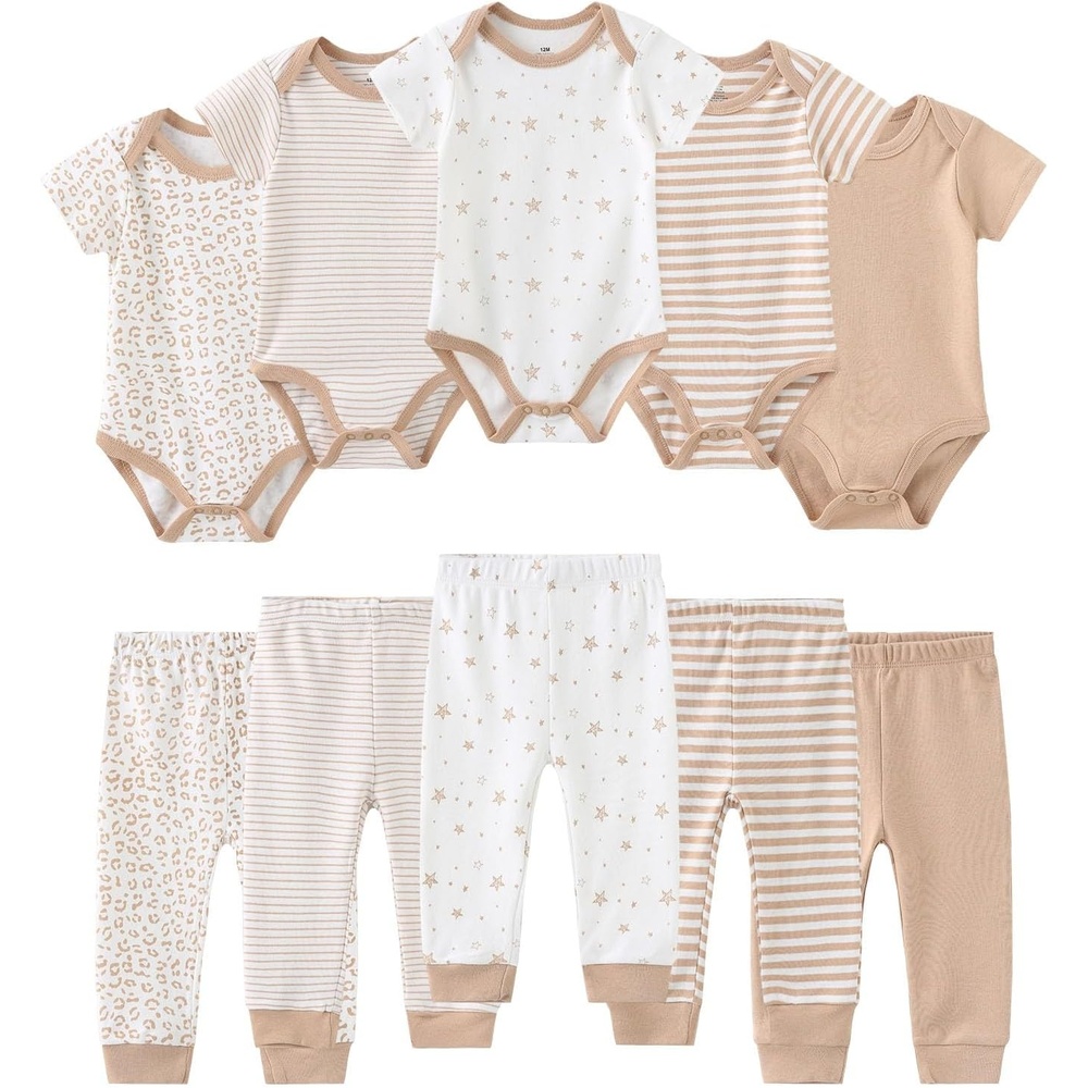 image:imageRuliby Baby Bodysuit and Pant Set 10pcs Cotton Soft Newborn Clothes OutfitKhaki Stripe Set 10 Pieces