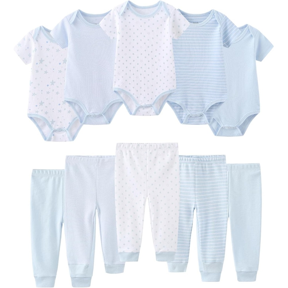 image:imageRuliby Baby Bodysuit and Pant Set 10pcs Cotton Soft Newborn Clothes OutfitLight Blue Star Stripe Set 10 Pieces