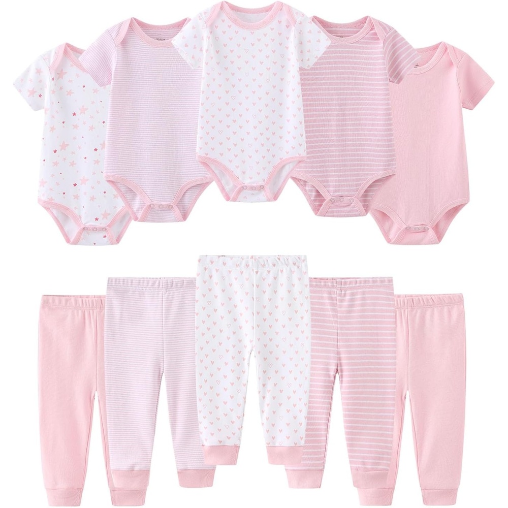 image:imageRuliby Baby Bodysuit and Pant Set 10pcs Cotton Soft Newborn Clothes OutfitLight Pink Star Stripe Set 10 Pieces