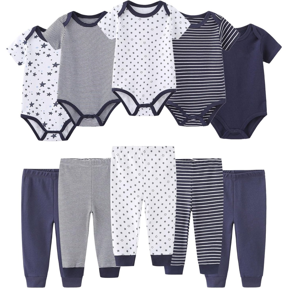 image:imageRuliby Baby Bodysuit and Pant Set 10pcs Cotton Soft Newborn Clothes OutfitNavy Blue Striped Set 10 Pieces