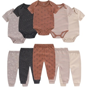 Ruliby Baby Bodysuit and Pant Set 10-pcs Cotton Soft Newborn Clothes Outfit(Coffee Stripe Set 10 Pieces)
