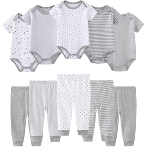 Ruliby Baby Bodysuit and Pant Set 10-pcs Cotton Soft Newborn Clothes Outfit(Light Gray Star Stripe Set 10 Pieces)