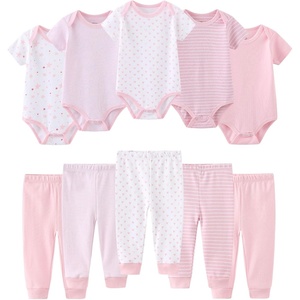 Ruliby Baby Bodysuit and Pant Set 10-pcs Cotton Soft Newborn Clothes Outfit(Light Pink Star Stripe Set 10 Pieces)