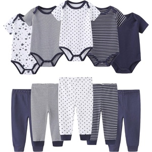 Ruliby Baby Bodysuit and Pant Set 10-pcs Cotton Soft Newborn Clothes Outfit(Navy Blue Striped Set 10 Pieces)