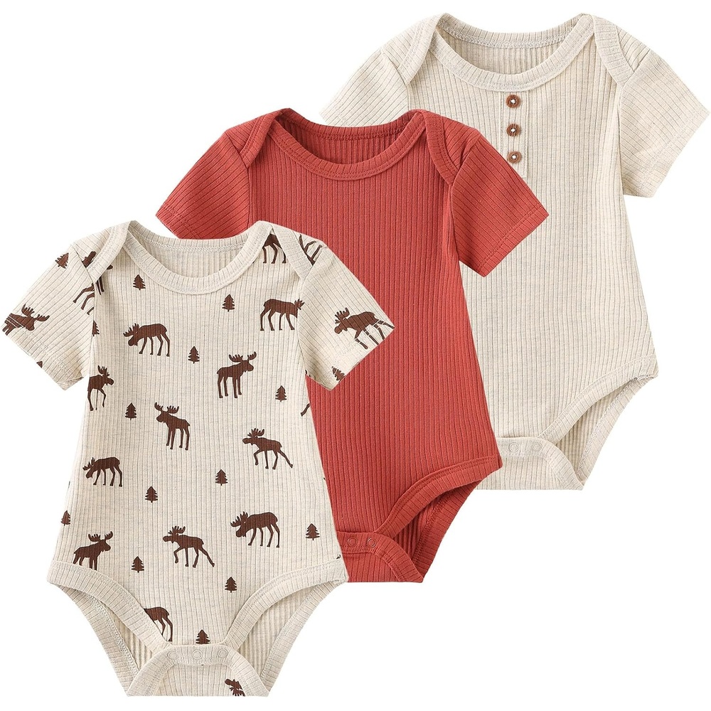 image:imageRuliby Baby Bodysuit Newborn Boy Girl Clothes Soft Rib Short Sleeve RomperBeigeRedAnimal