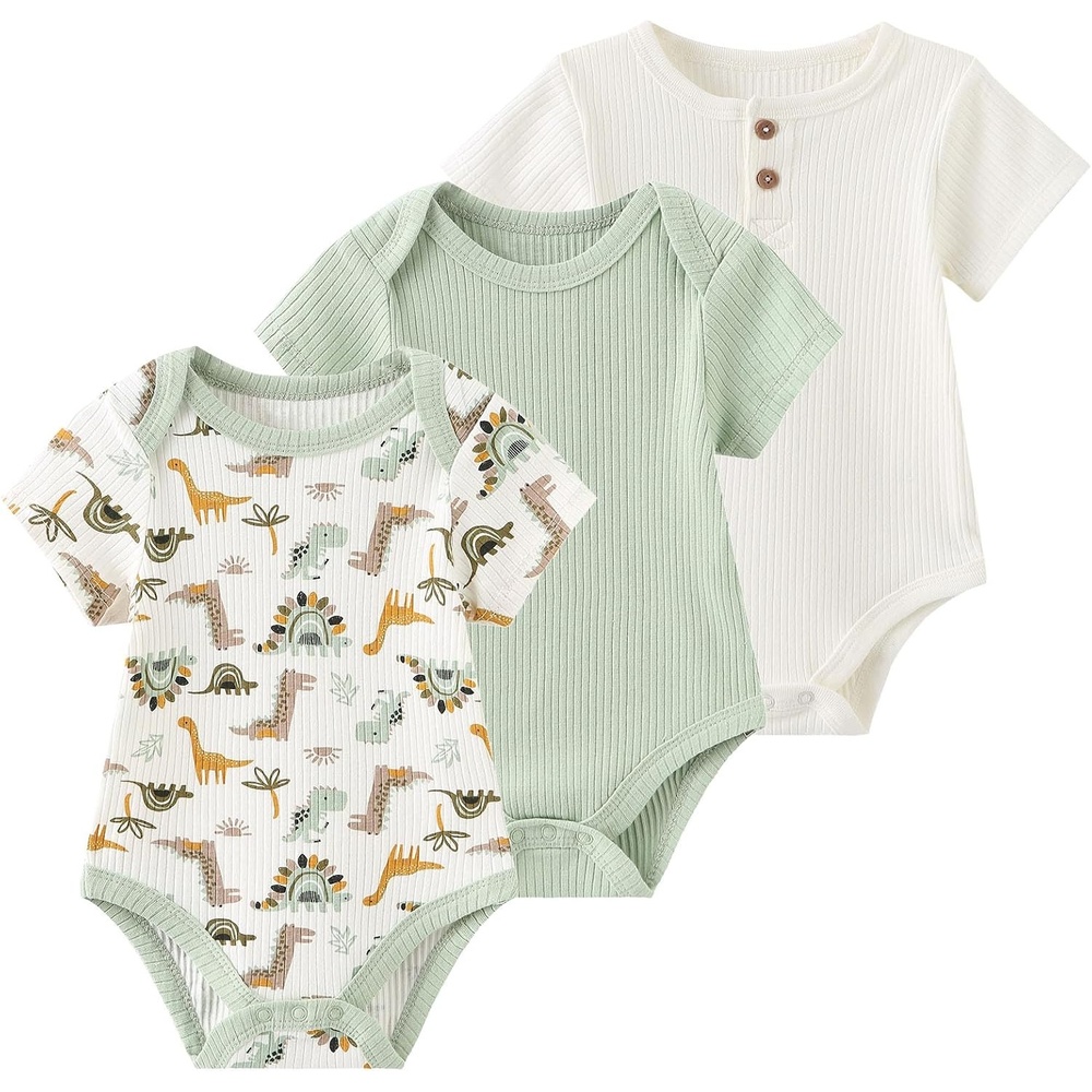 image:imageRuliby Baby Bodysuit Newborn Boy Girl Clothes Soft Rib Short Sleeve RomperSage GreenWhiteDinosaur
