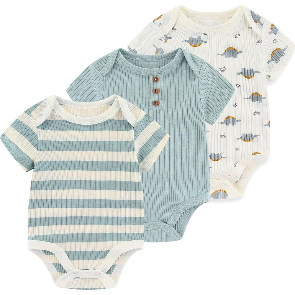 image:imageRuliby Baby Bodysuit Newborn Boy Girl Clothes Soft Rib Short Sleeve RomperStripeBlueAnimal