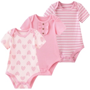 Ruliby Baby Bodysuit Newborn Boy Girl Clothes Soft Rib Short Sleeve Romper(Love/Pink/Stripes)