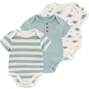 Ruliby Baby Bodysuit Newborn Boy Girl Clothes Soft Rib Short Sleeve Romper(Stripe/Blue/Animal)