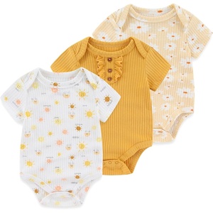 Ruliby Baby Bodysuit Newborn Boy Girl Clothes Soft Rib Short Sleeve Romper(Sun/Yellow/Flower)